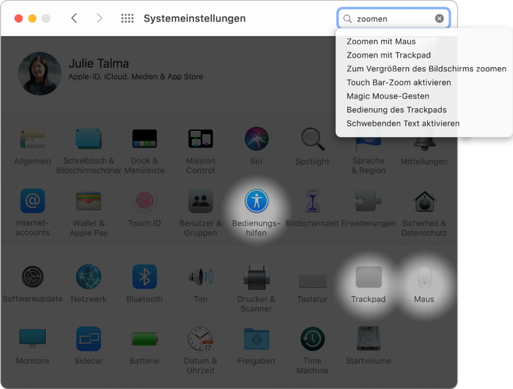 Fenster „Systemeinstellungen“ mit „Zoom“ im Suchfeld, einer Liste passender Suchergebnisse unter dem Suchfeld und drei hervorgehobenen Symbolen.
