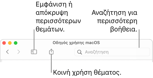 Ένα παράθυρο βοήθειας που εμφανίζει τα κουμπιά στη γραμμή εργαλείων για απόκρυψη ή εμφάνιση του Πίνακα περιεχομένων και για κοινή χρήση ενός θέματος, και το πεδίο αναζήτησης για αναζήτηση για θέματα.