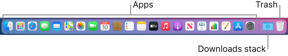The Dock showing icons for apps, the Downloads stack, and the Bin.