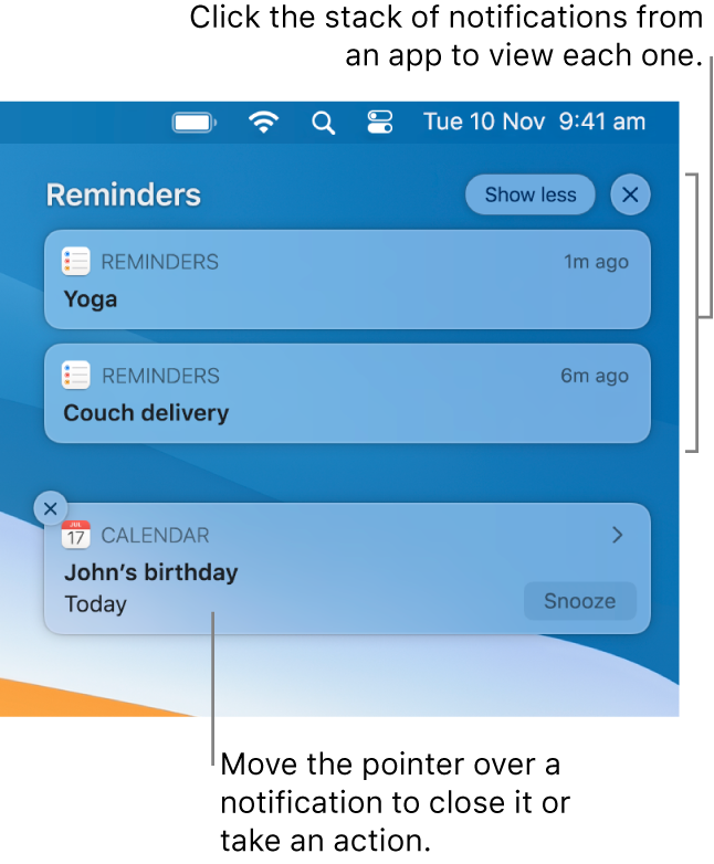 App notifications in the upper-right corner of the desktop, including an open stack of two Reminders notifications with a “Show less” button to collapse the stack and one Calendar notification with a Snooze button.