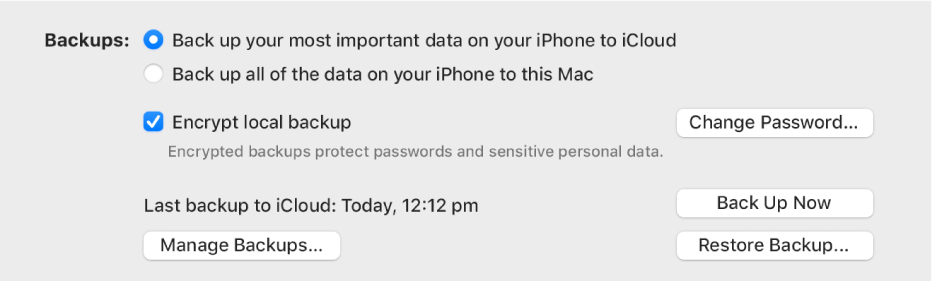 The options for backing up data from a device appear showing two buttons to select backing up to iCloud or onto the Mac, an “Encrypt local backup” tick box for encrypting backup data, and additional buttons for managing backups, restoring from a backup and starting a backup.