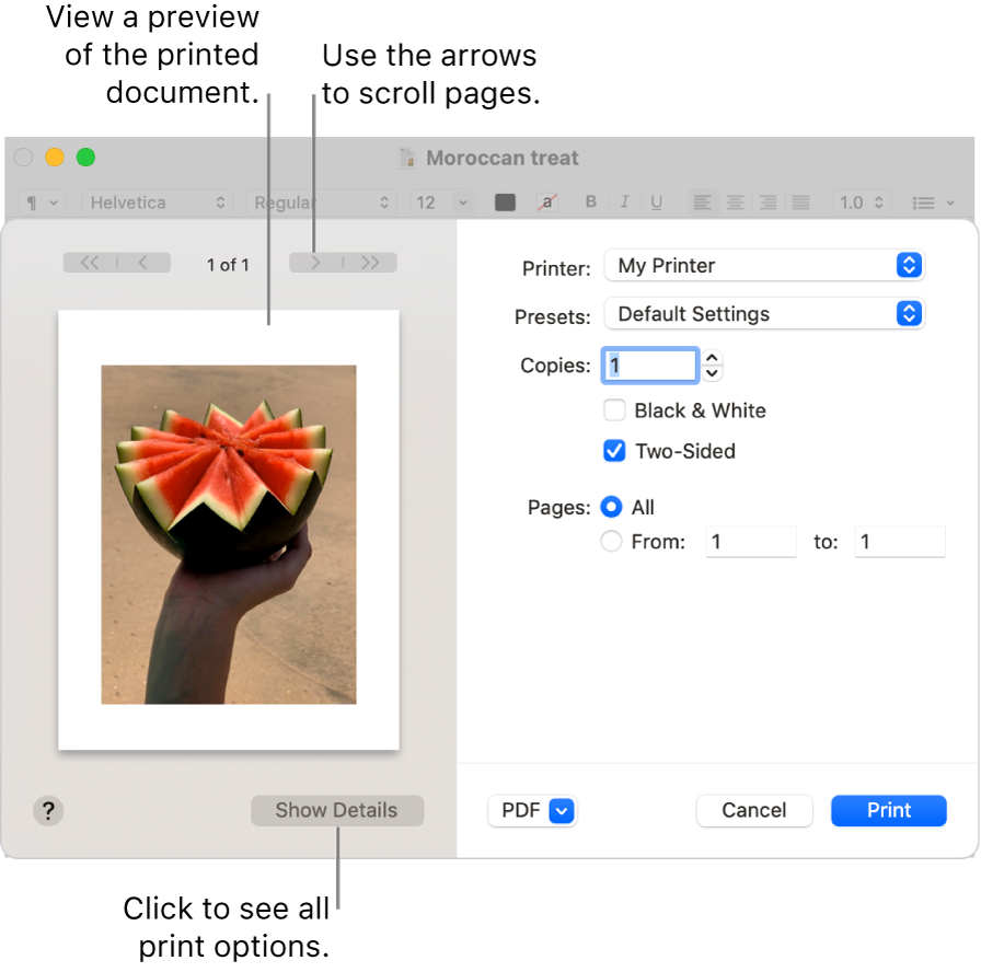 The Print dialogue shows a preview of your print job. Click the Show Details button to see all print options.