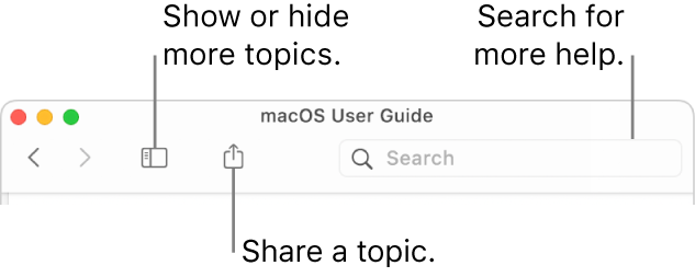 A help window showing the buttons in the toolbar to hide or show the Table of Contents and share a topic and the search field to search for topics.
