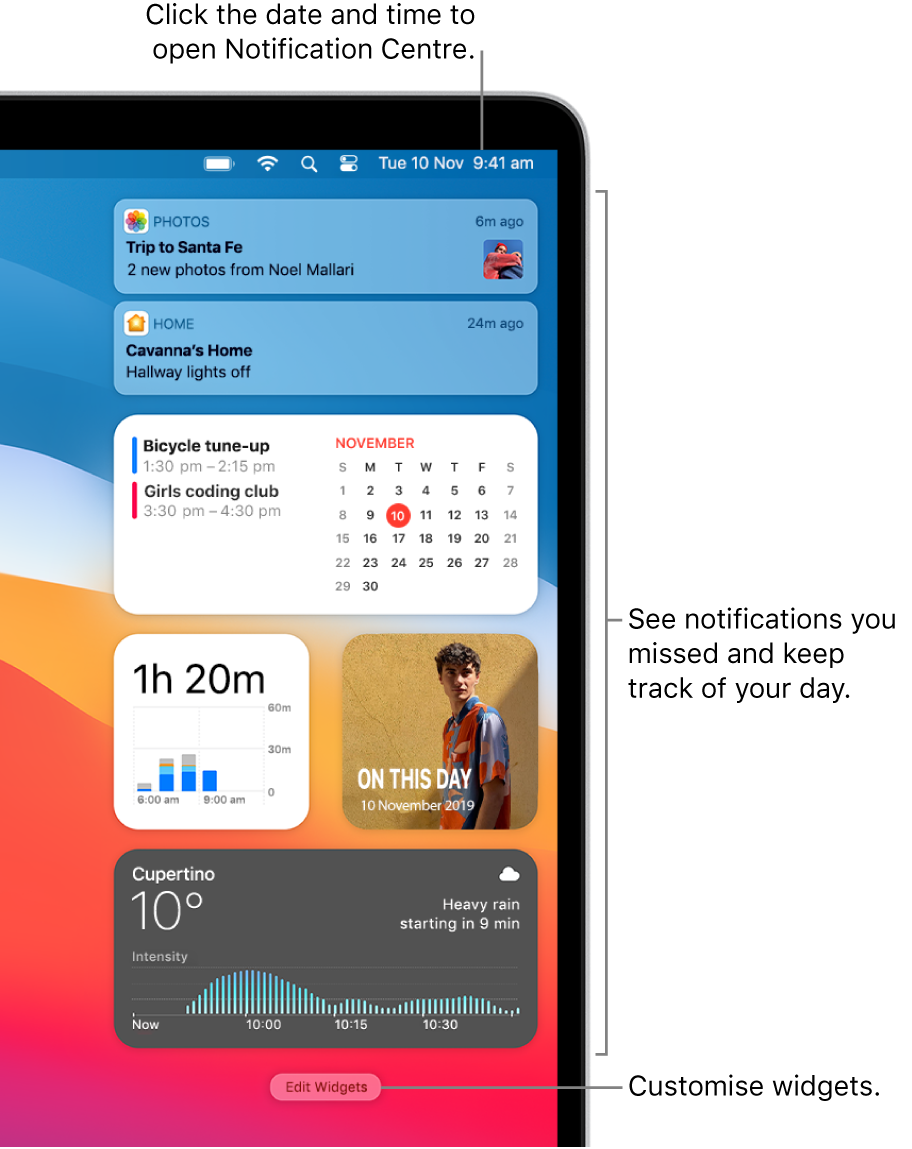 Notifications and widgets in Notification Centre.