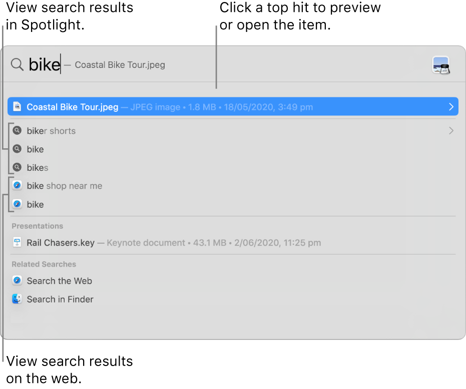 The Spotlight window showing search text in the search field at the top of the window and results below.