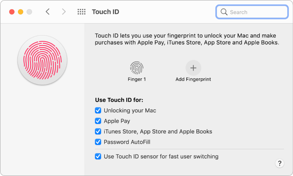 The Touch ID preference pane showing a fingerprint is ready and can be used to unlock the Mac.