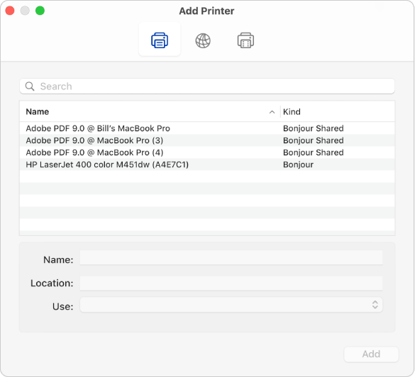 The Add Printer dialogue showing the default options for selecting a printer and adding a name, location, and the Use pop-up menu for choosing the printer type.