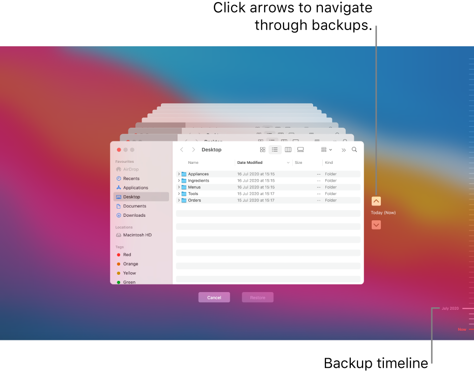 When you open Time Machine, you see a blurred screen with multiple Finder screens stacked to represent backups. Click the arrows to navigate through your backups (or click in the backup timeline on the right), and choose which files to restore.