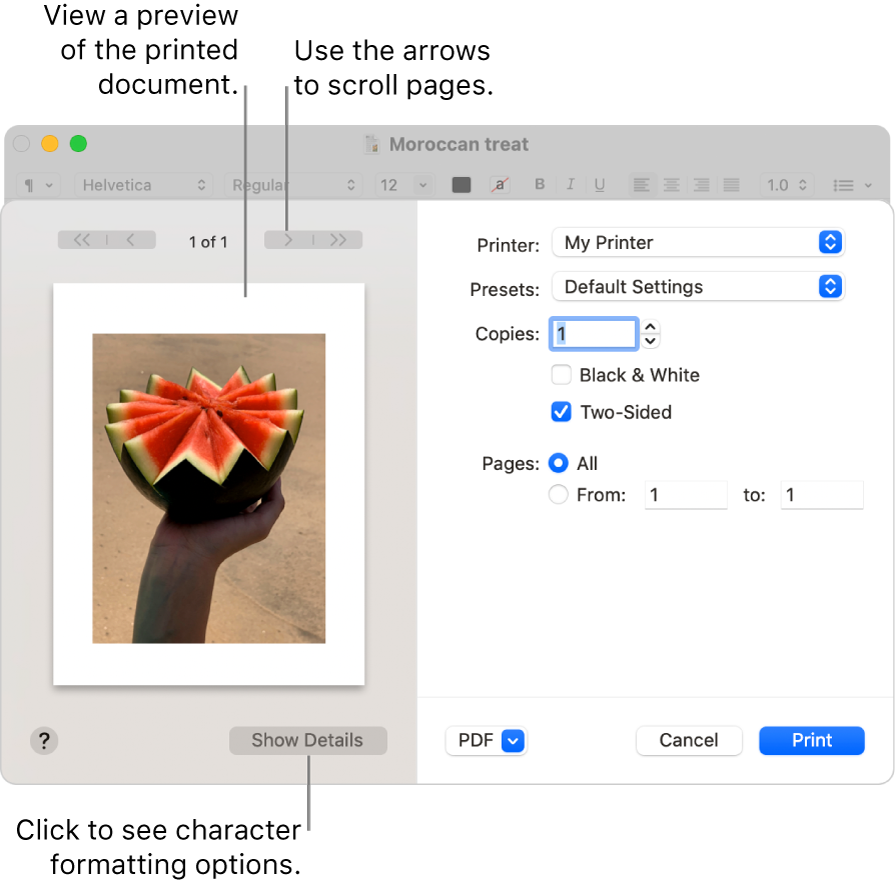 The Print dialogue shows a preview of your print job. Click the Show Details button to see all print options.