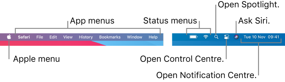 The menu bar. On the left are the Apple menu and app menus. On the right are status menus, Spotlight, Control Centre, Siri and Notification Centre.