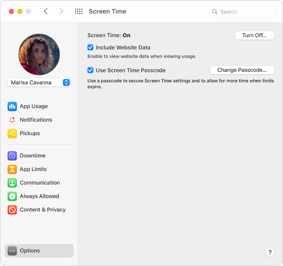 The Screen Time Options pane with Screen Time turned on. The Include Website Data and Use Screen Time Passcode options are selected.