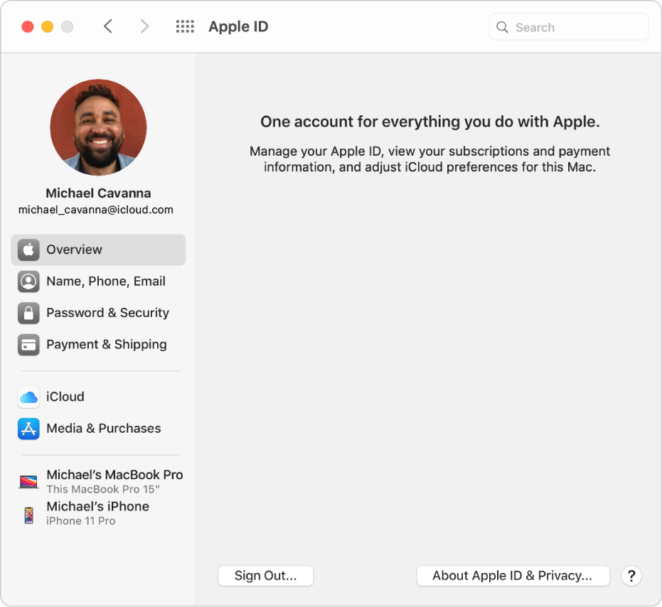 Apple ID preferences showing a sidebar of different types of account options you can use and the Overview preferences for an existing account.