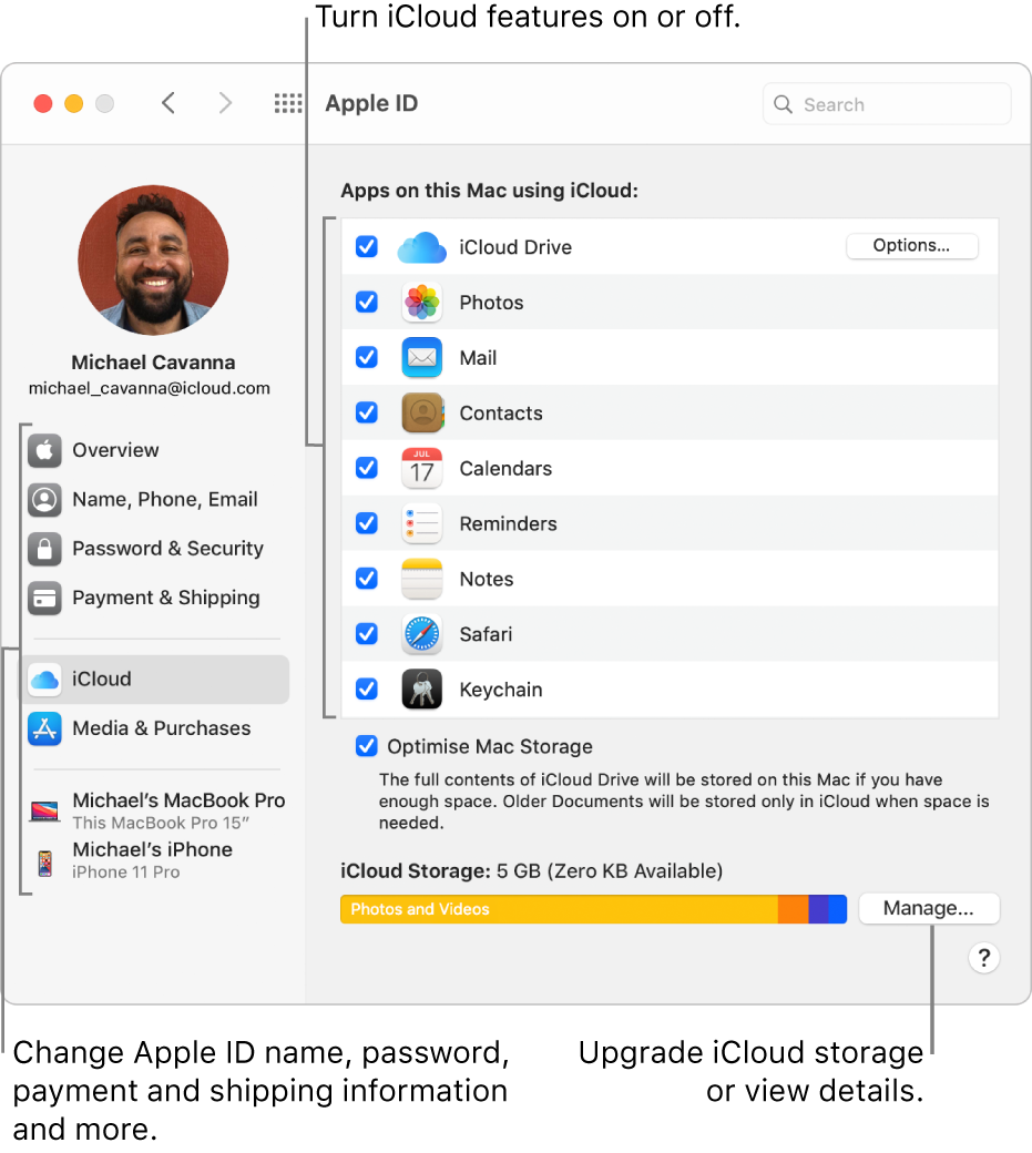 iCloud preferences with all the features selected.