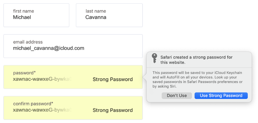 A dialogue showing that Safari created a strong password for a website and that it will be saved in the user’s iCloud Keychain and available for AutoFill on the user’s devices.