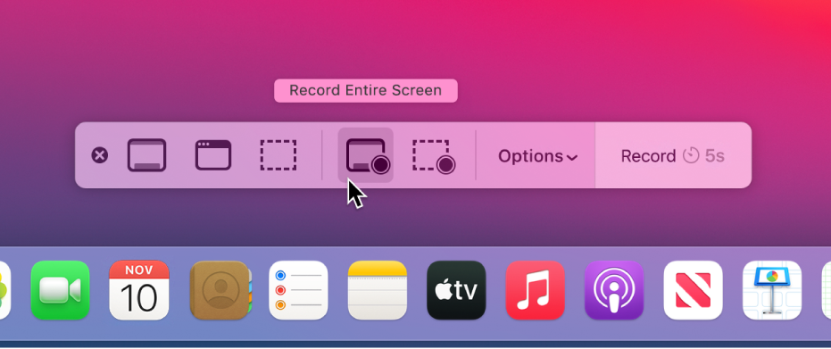 The desktop with the Screenshot app open, ready to record the entire screen.