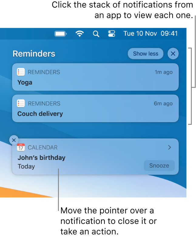 App notifications in the upper-right corner of the desktop, including an open stack of two Reminders notifications with a “Show less” button to collapse the stack, and one Calendar notification with a Snooze button.