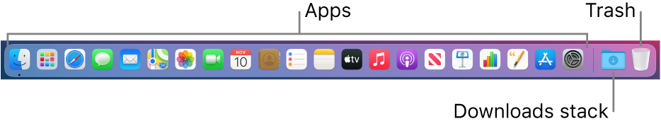 The Dock showing icons for apps, the Downloads stack and the Trash.