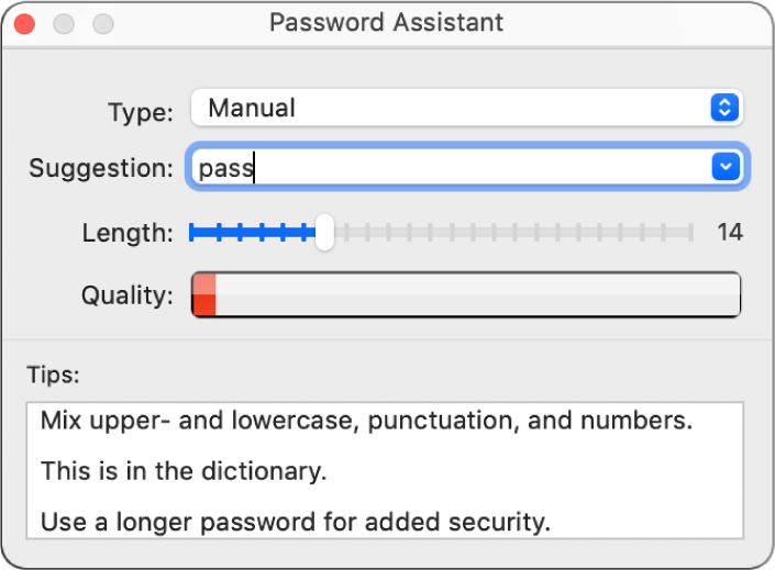 Password Assistant window showing options for creating a password.