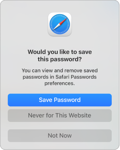A Safari dialogue asking if you want to save the password for a website.