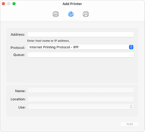 The Add Printer dialogue showing the IP options for setting up a printer using the IP protocol.