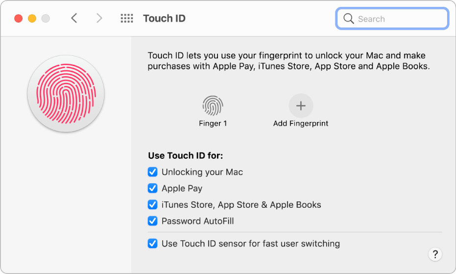 The Touch ID preference pane showing a fingerprint is ready and can be used to unlock the Mac.
