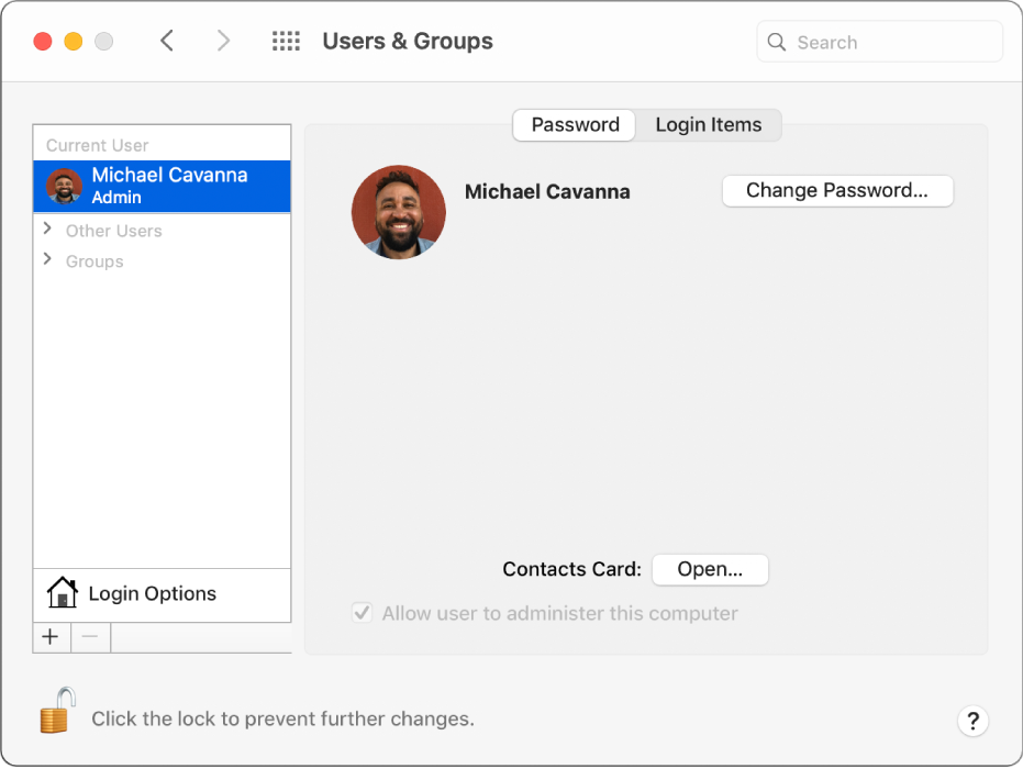 Users & Groups preferences showing a user selected in the users list. The Password tab, Login Items tab and the Change Password button are on the right.