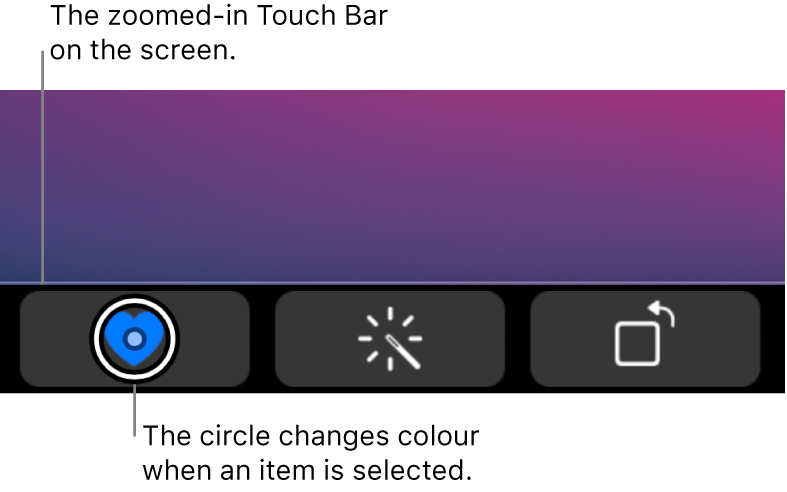 The zoomed-in Touch Bar along the bottom of the screen; the circle over a button changes when the button is selected.