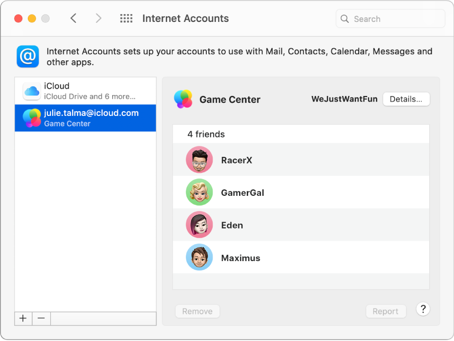 A Game Center account selected in Internet Accounts, with gaming friends listed on the right.