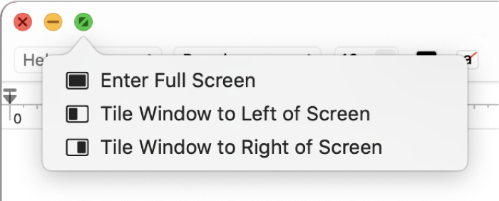 The menu that appears when you move the pointer over the green button in the top-left corner of a window. Menu commands from top to bottom include: Enter Full Screen, Tile Window to Left of Screen, Tile Window to Right of Screen.
