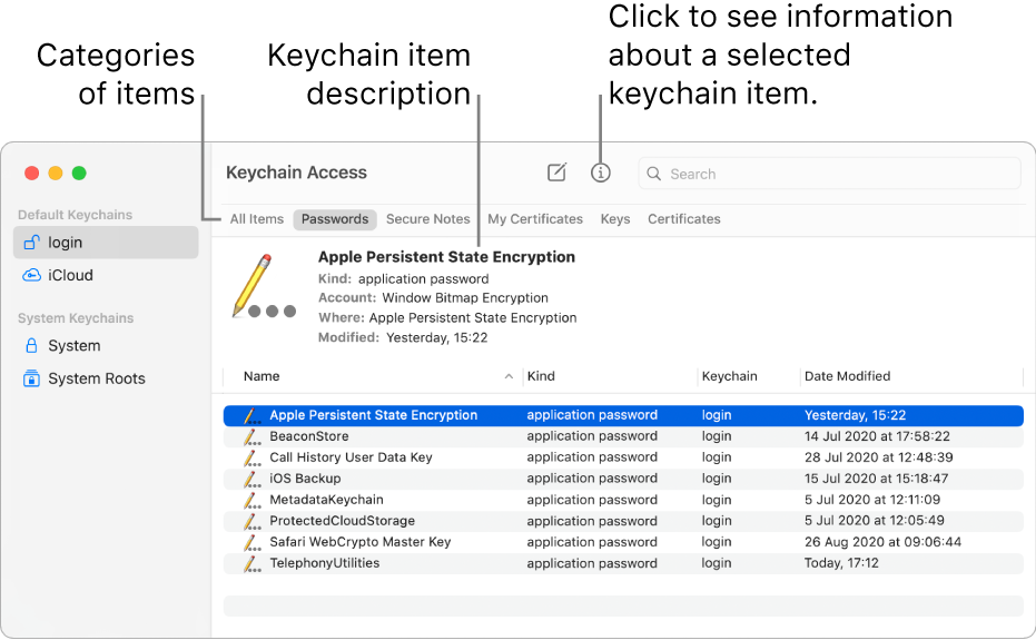 The Keychain Access window showing keychains in the sidebar. On the right a description of a selected login keychain password is shown.