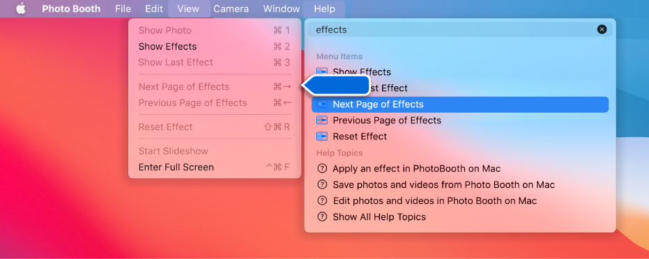 The Photo Booth Help menu with a search result for a menu item selected and an arrow pointing to the item in the app menus.