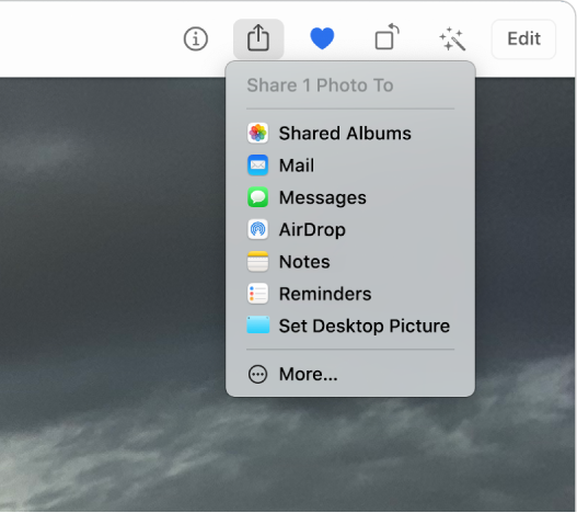 The Share menu, shown from the Share button in the Photos toolbar. The Share menu includes, from top to bottom, Shared Albums, Mail, Messages, AirDrop, Notes, Reminders and Set Desktop Picture. The last item is More.