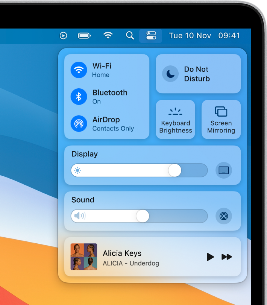 Control Centre in the top-right portion of the Mac screen, showing controls for Wi-Fi, Do Not Disturb, Sound and Now Playing, among others.