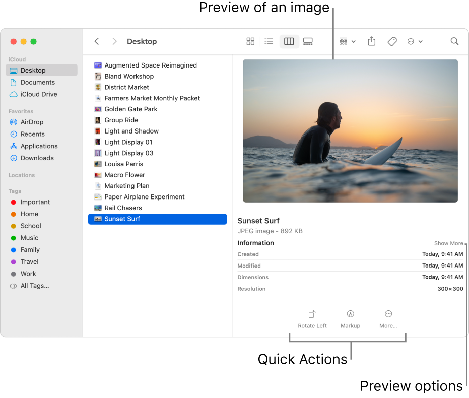 A Finder window showing the Finder sidebar on the left and an image file selected in the middle of the window. On the right, the Preview pane shows what the image looks like, with the image details below that, and the Quick Actions buttons at the bottom.