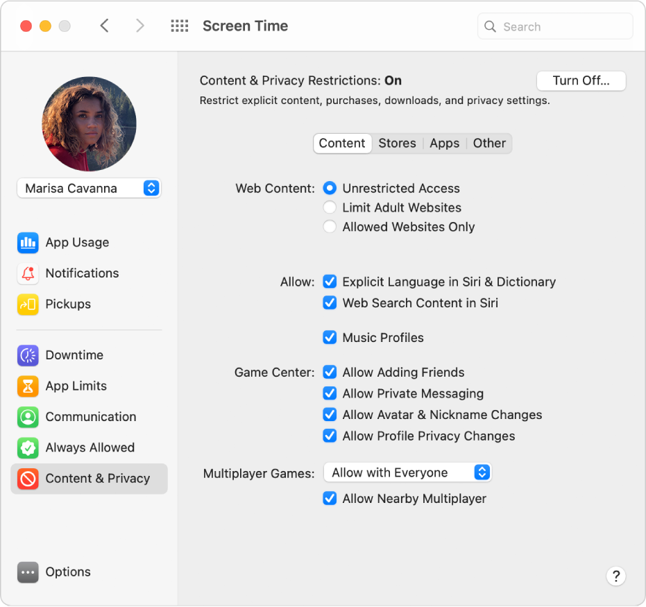 The Screen Time Content & Privacy Restrictions pane with options for web content, Game Center, Siri, and music profiles selected.
