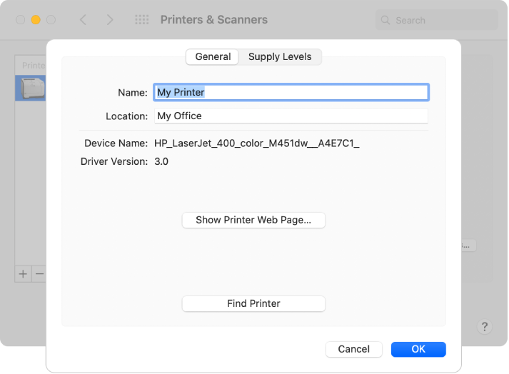 The Options & Supplies dialog showing the General tab selected and fields for specifying the name and location of the printer.