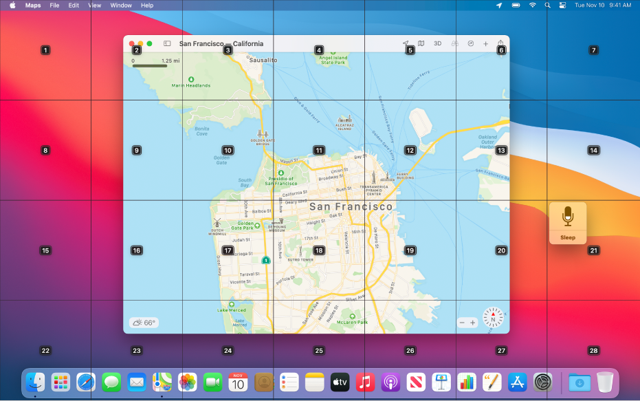 A grid superimposed on the desktop, which shows a map in the Maps app. The grid divides the desktop into seven columns and four rows, and each cell is numbered 1 through 28. The feedback window is located to the right of the Maps window.