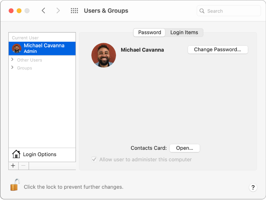 Users & Groups preferences showing a user selected in the users list. The Password tab, Login Items tab, and the Change Password button are on the right.