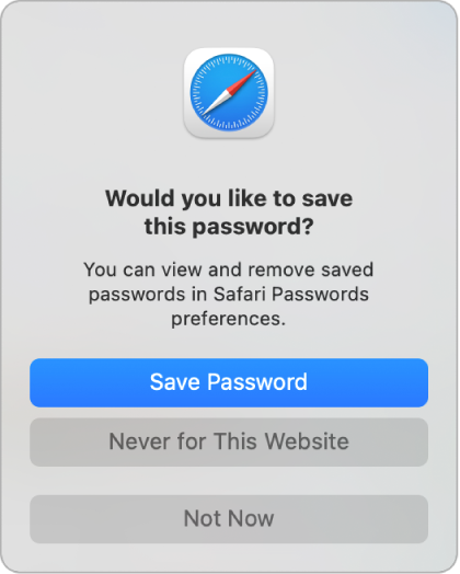 A Safari dialog asking if you want to save the password for a website.