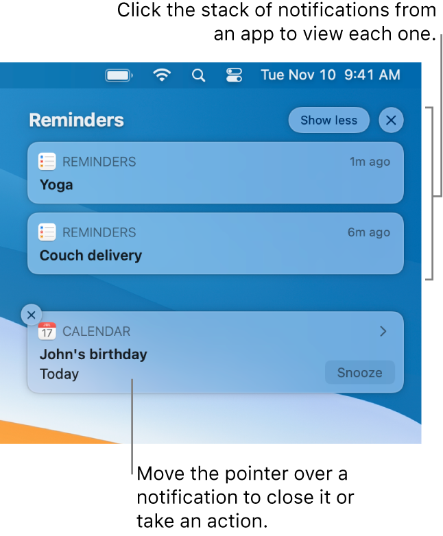 App notifications in the upper-right corner of the desktop, including an open stack of two Reminders notifications with a “Show less” button to collapse the stack, and one Calendar notification with a Snooze button.