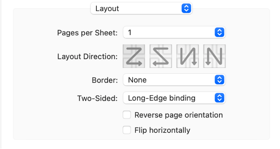 The Layout option chosen in the print option pop-up menu, with the Reverse page orientation checkbox.