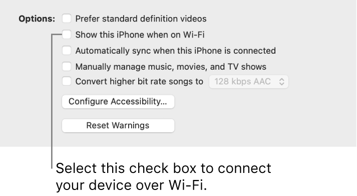 The sync options showing checkboxes to manually manage content items with the “Show this [device] when on Wi-Fi” checkbox identified.