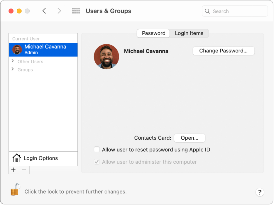 Users & Groups preferences for a selected user. At the top of the pane are the Password and Login Items tabs. Below that is the user name and the Change Password button. At the bottom is an Open button for opening the Contacts card.