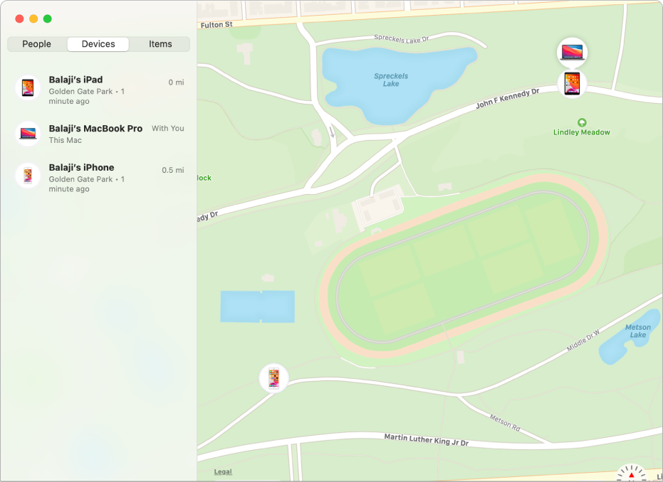 The Find My app showing a list of devices in the sidebar and their locations on a map on the right.