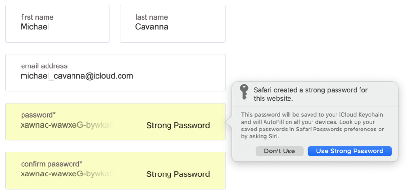 A dialog showing that Safari created a strong password for a website and that it will be saved in the user’s iCloud Keychain and available for AutoFill on the user’s devices.