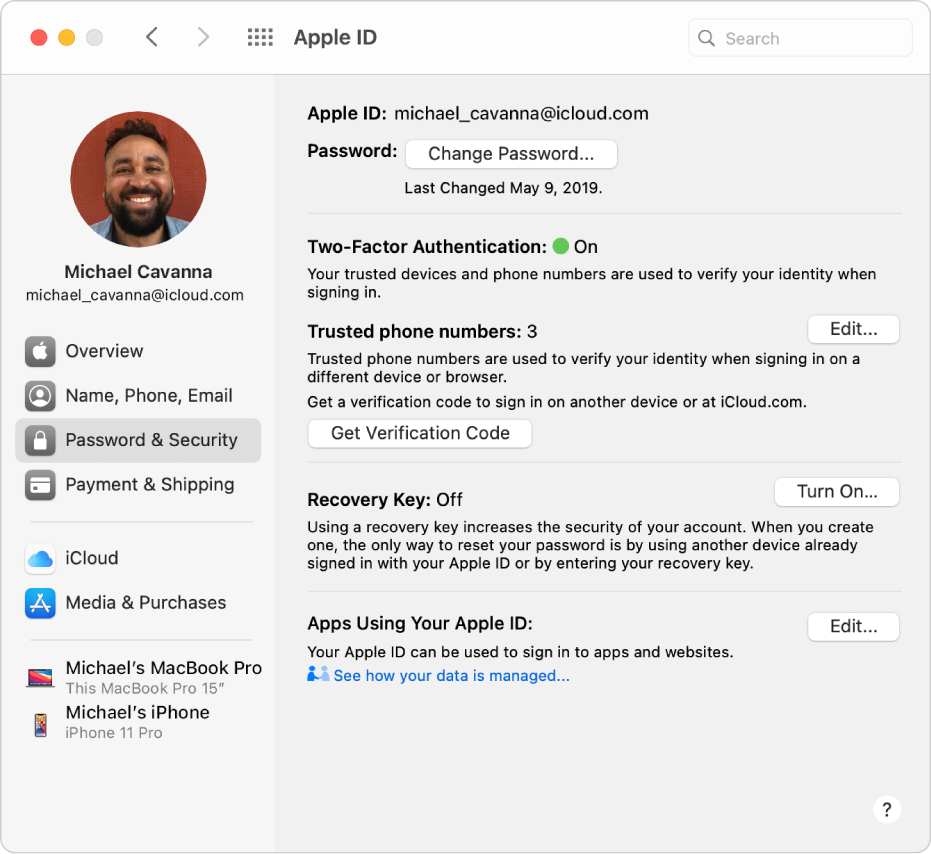Apple ID preferences showing a sidebar of different types of account options you can use and the Password & Security preferences for an existing account.