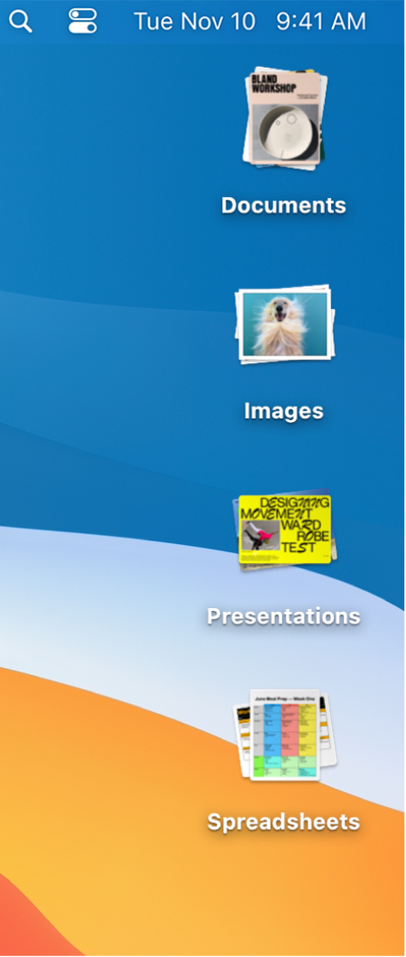 A Mac desktop with four stacks—for documents, images, presentations, and spreadsheets—along the right edge of the screen.