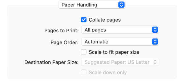 The Paper Handling option chosen in the print options pop-up menu and the Page Order pop-up menu appears for changing page order.