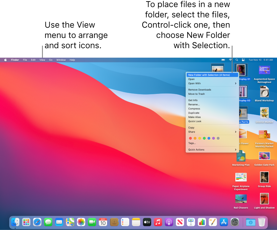 A desktop showing files and folders. Several files are selected to be placed in a new folder. A Control-click of a selected file shows a pop-up menu, and New Folder with Selection is chosen.