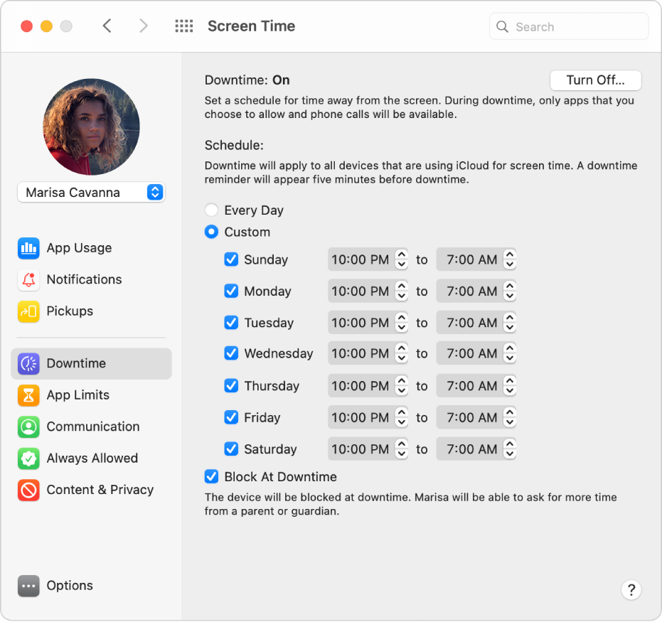 The Screen Time Downtime pane with Downtime turned on. A custom downtime schedule for each day of the week is set up.